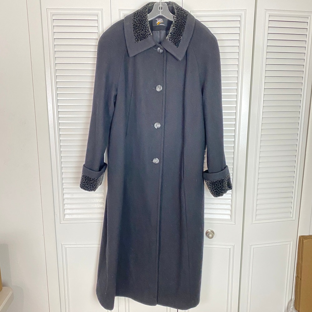 VTG Jo-D Woman Wool 50" Long Coat Women 18 Black Leopard Print Collar Made USA
